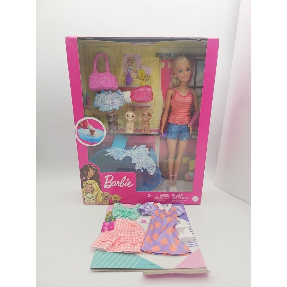 Mattel Barbie Puppy Bath Time Doll Set With Extra Outfits Box Damage